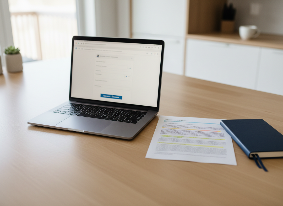 A modern laptop sits open on a tidy, light-wood kitchen island, its screen displaying an abstract, out-of-focus document layout hinting at a college application portal. Beside it rests a slim, navy-blue notebook with a ribbon bookmark, and a single printed page covered in dense, blurred paragraphs marked lightly with colored highlighting, evoking a draft personal statement. Natural daylight streams in from a nearby window, reflecting softly on the laptop’s metal casing and creating a bright but gentle ambience. In the distant background, minimalist cabinetry and a small plant are tastefully blurred to keep focus on the workspace. Photographic realism, captured from a three-quarter angle with subtle depth of field, conveys an inviting, approachable environment for a free online consultation session.