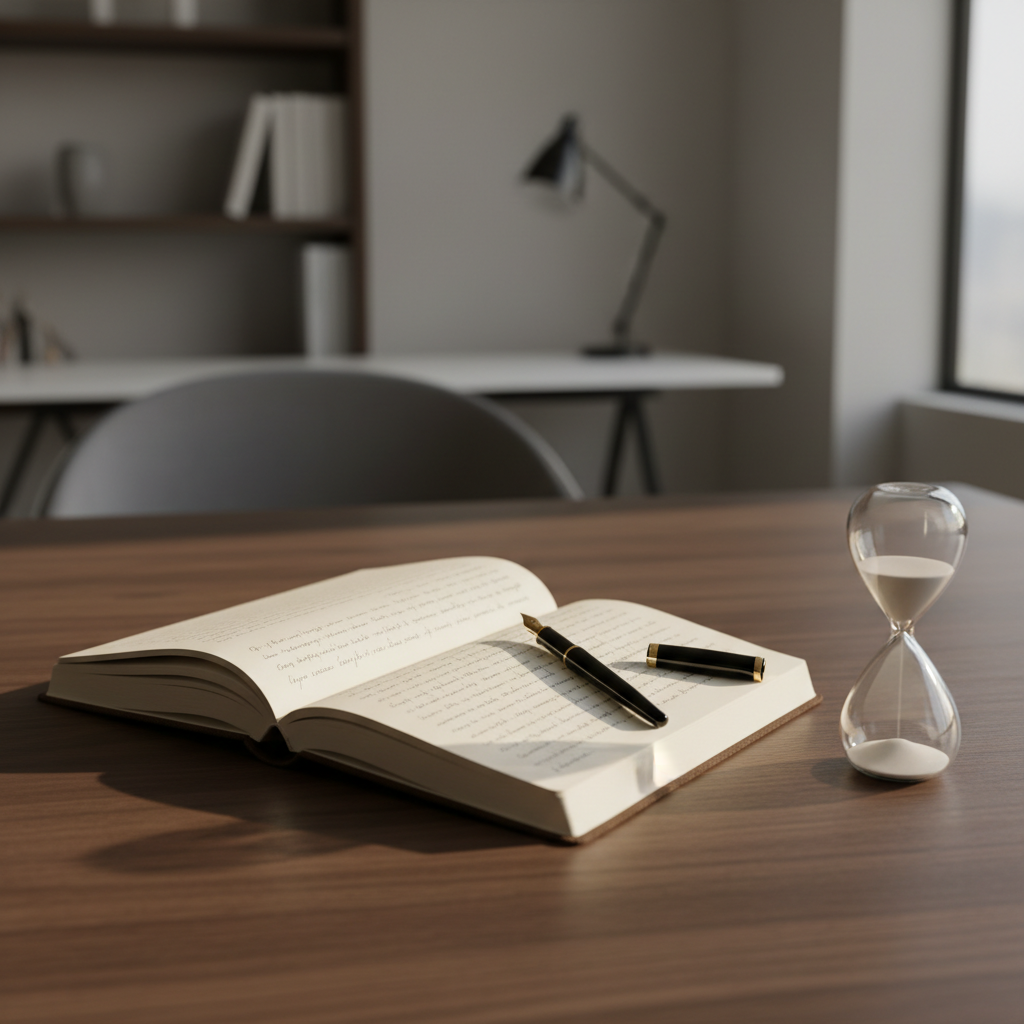 An open hardcover notebook with thick, off-white pages lies on a dark walnut table, a fine black fountain pen resting diagonally across a page filled with neatly spaced, partially written paragraphs in unreadable script, symbolizing a college personal statement in progress. A minimalist glass hourglass nearby hints at the importance of word count and time. Warm, diffused afternoon light falls from the left, casting soft, elongated shadows and subtle highlights on the ink and paper texture. The background fades into a gentle bokeh of a tidy, modern study with neutral tones. Photographic realism, shot from a slightly elevated angle using the rule of thirds, creates an atmosphere of focused refinement and intellectual care, ideal for illustrating thoughtful, precise editing support.