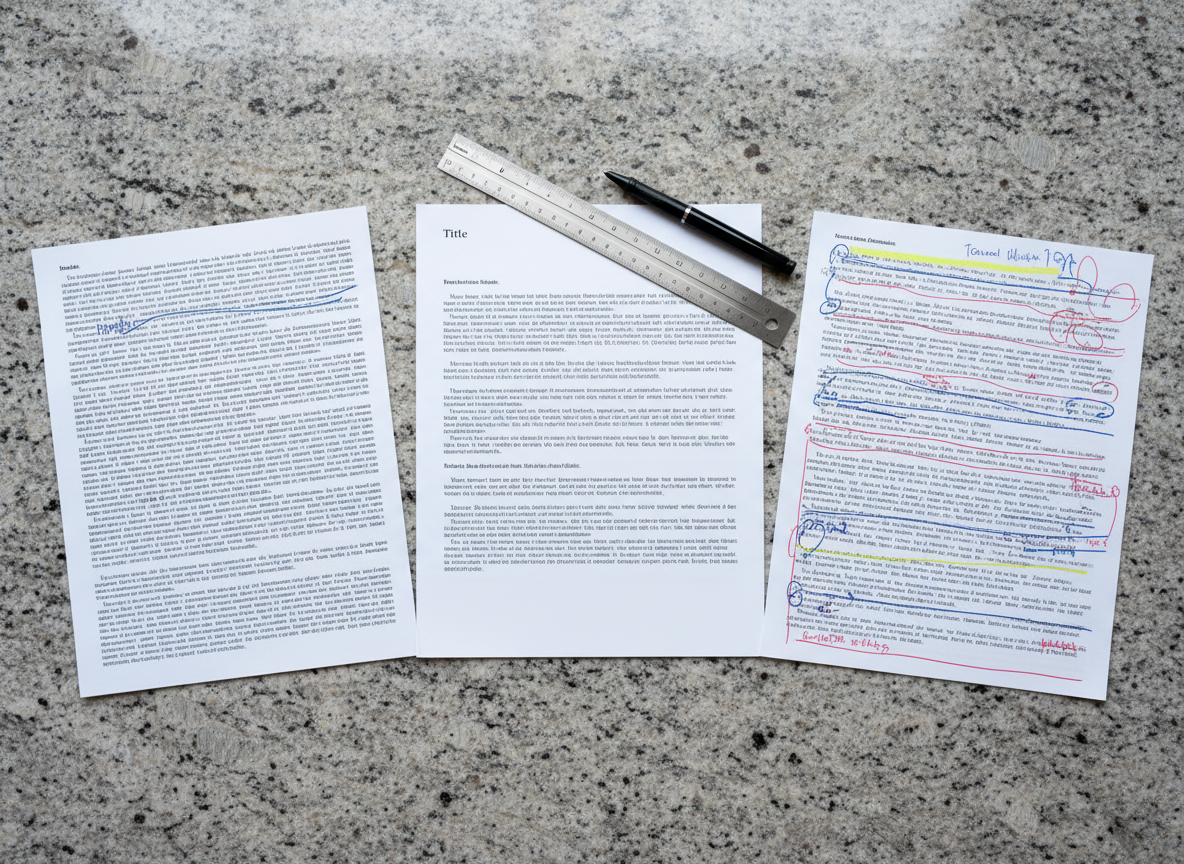 An arranged spread of three different essay drafts lies on a smooth stone tabletop: one page covered in tight, margin-to-margin text, another with generous white space and neatly segmented paragraphs, and a third with handwritten margin symbols and discreet highlighter streaks, all intentionally illegible but clearly about refinement and word choice. A slim metal ruler and a minimalist black pen rest nearby, hinting at precision in trimming content to the 650-word limit. Cool, even daylight from above creates crisp, clear visibility without harsh shadows. Shot from a top-down perspective with sharp focus across the frame, the photographic scene feels organized, analytical, and sophisticated, perfect for a section describing how the service helps students prioritize which stories and details truly matter.