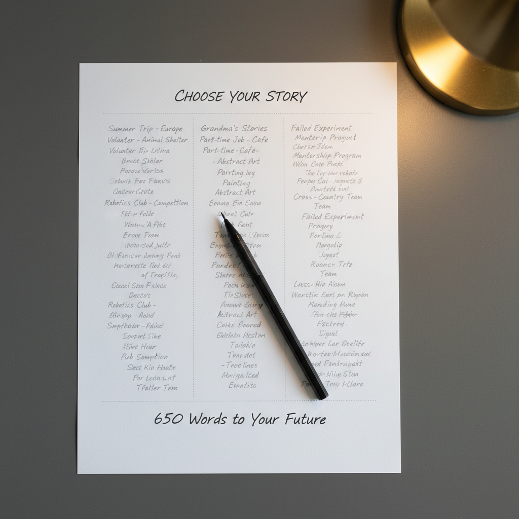 A close-up, photographic image of a pristine white sheet of paper divided into three faint columns, each filled with tiny, blurred notes representing different college essay ideas. A slim, matte-black mechanical pencil lies precisely at the intersection of two sections, suggesting decision-making and refining which stories to tell. The paper rests on a smooth charcoal-gray desk surface, with a minimalist brass desk lamp just out of frame casting soft, directional light from the upper right. The lighting creates gentle gradients and emphasizes the texture of the paper without harsh contrast. Shot from directly above in a clean, balanced composition, the scene feels analytical yet calm, embodying a sophisticated, methodical approach to choosing the right 650 words.